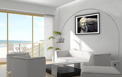 Augustus and the City of Rome photo print by Storaro Art Collection - Emperor Augustus with Rome cityscape in monochromatic atmosphere in fine art photography print